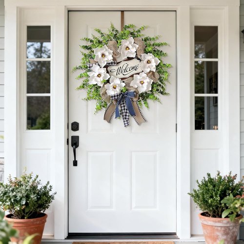 Artificial Magnolia & Eucalyptus Wreath - 24" White Flower Decor with Welcome Sign for Year-Round Home Entryway