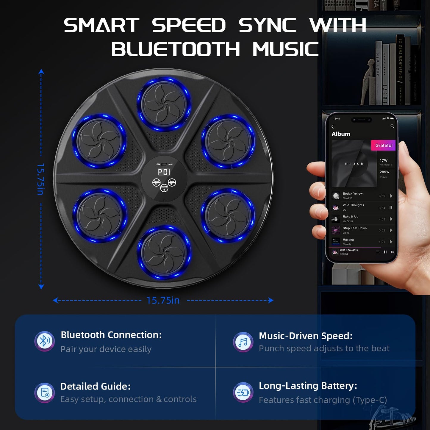 Music Boxing Machine for Adults, Wall Target Punching Workout with Boxing Gloves, Bluetooth Smart Boxing Training Machine Suitable for Home,Office,Gym, 12 Modes & 12 Speeds