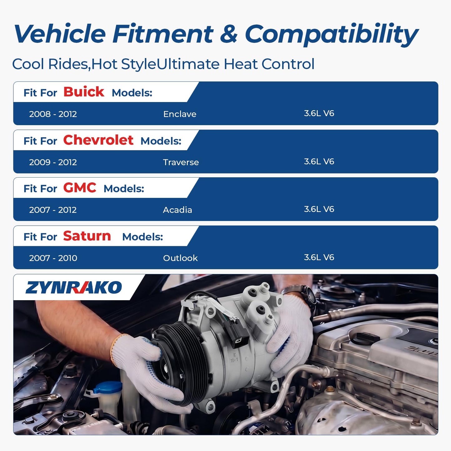 Zynrako A/C Compressor with Clutch Compatible with Buick Enclave 2008-2012, Chevy Traverse 2009-2012, GMC Acadia 2007-2012, Saturn Outlook 2007-2010, Replaces CO21625C