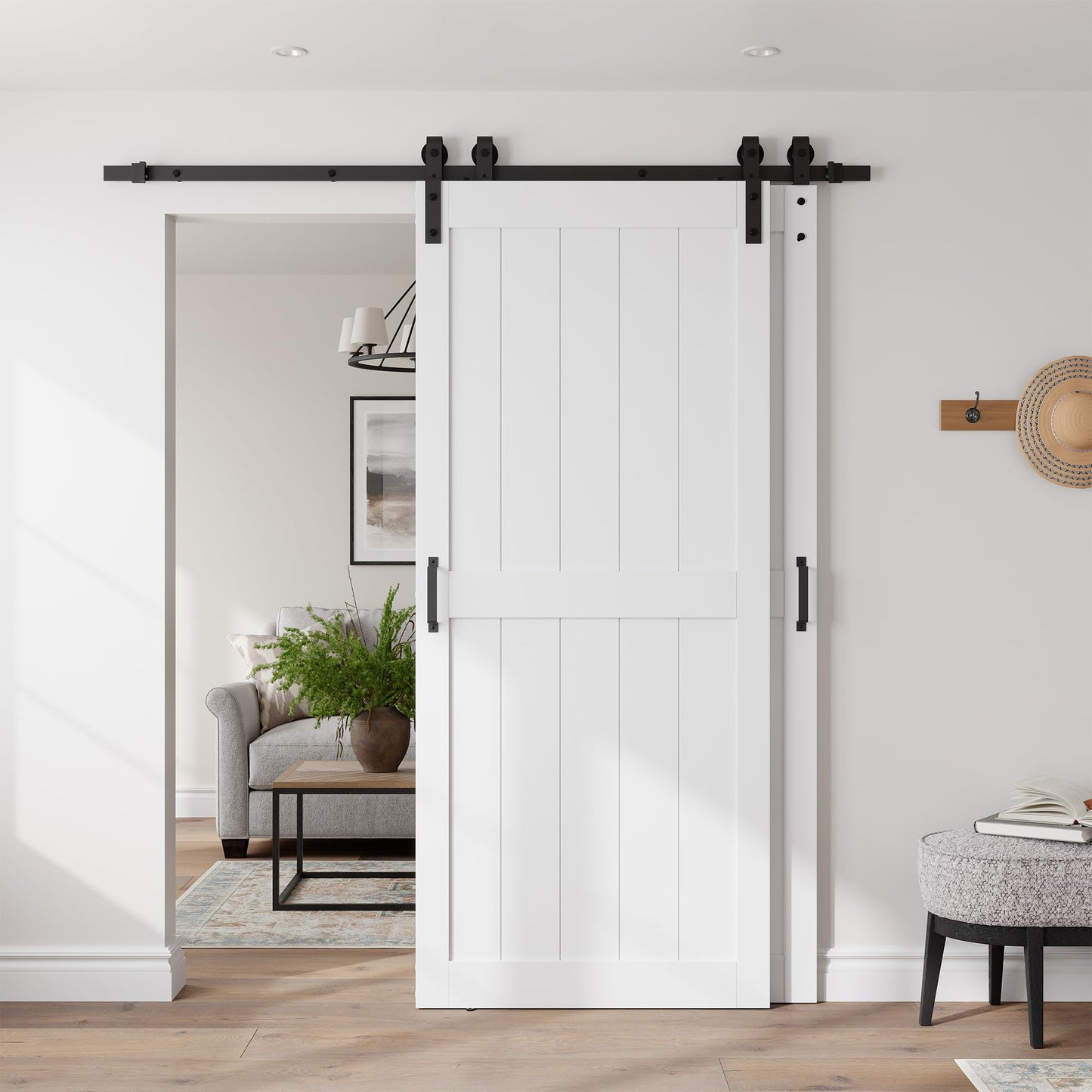COSHOMER 36" x 84" Bypass Barn Door, Sliding Barn Door with 6.6FT Track Hardware Kit Included, H Shape Solid Core MDF Barn Doors, Waterproof PVC Surface, Save Space, Easy to Install, White