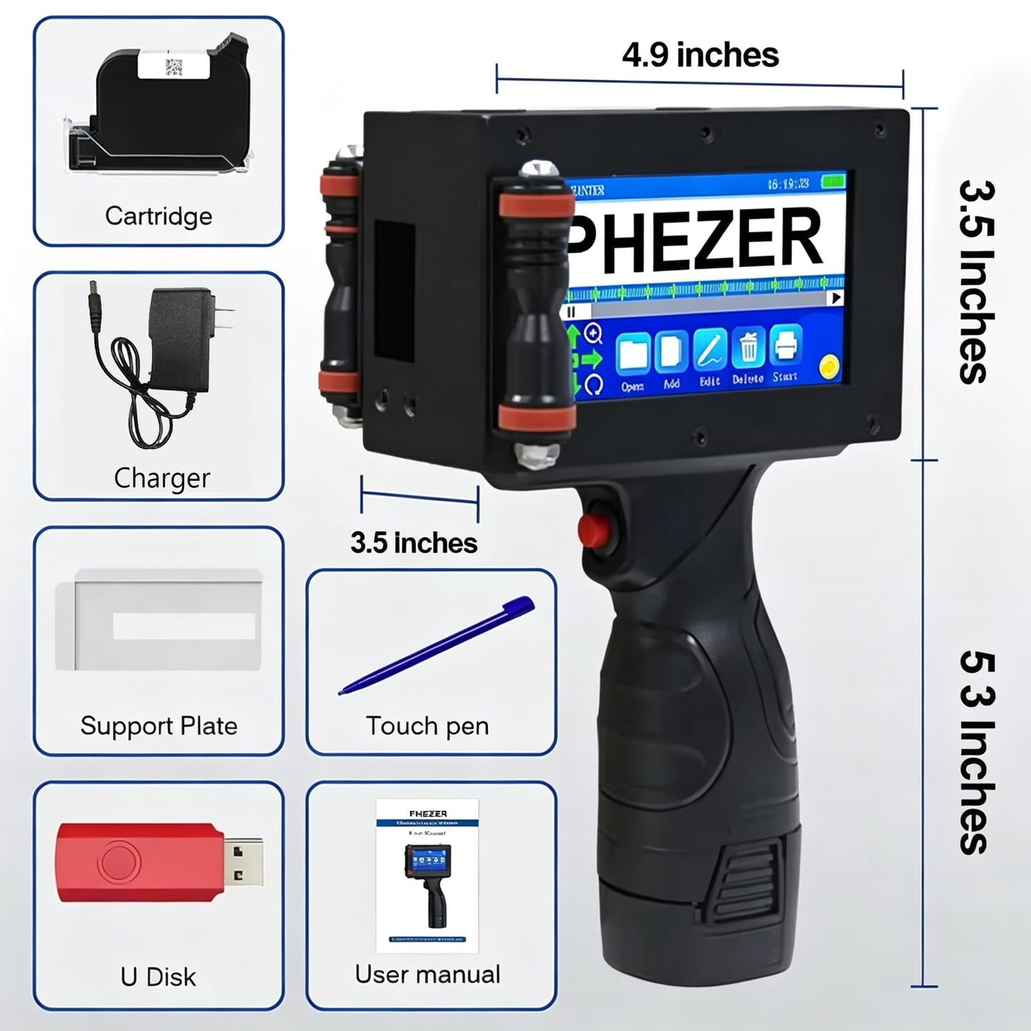 Phezer P16-1 Handheld Inkjet Printer, Printing Height 1 Inch with 72ml Solvent Ink Cartridge, Portable Intelligent Coding Machine for Expiry Date/Time/Barcode/QR Code/Logo (Metal Body)