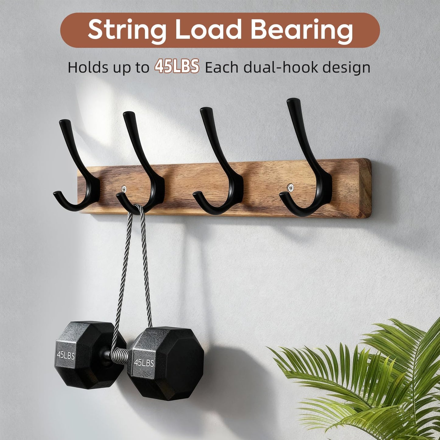 Yangbaga Coat Rack Wall Mount,Acacia Wood Coat Hooks Wall Mount,15" Wall Coat Rack with Heavy Duty 4-Double-Hooks,Hat Rack Wall Coat Hanger for Towel/Dog’s Leashes/Coat/Bag