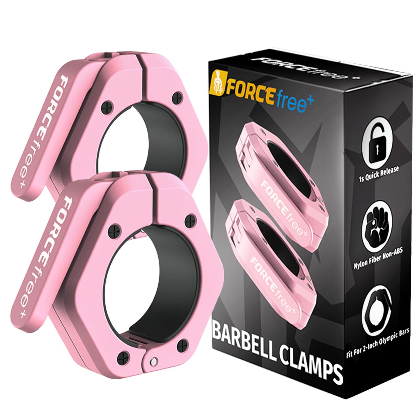 Forcefree+ Barbell Clips (Pair), Barbell Clamps, Quick Release Olympic Barbell Clamps with Anti Slip TPR Grip, Barbell Collars for Secure Weightlifting & Powerlifting (Non Magnetic, Pink)