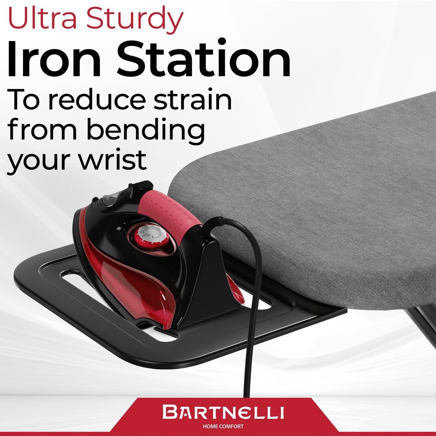 Bartnelli by Rorets Ironing Board - Height Adjustable with 4-Layer Cover & Safety Iron Rest | 43"x13" for Laundry Room or Dorm