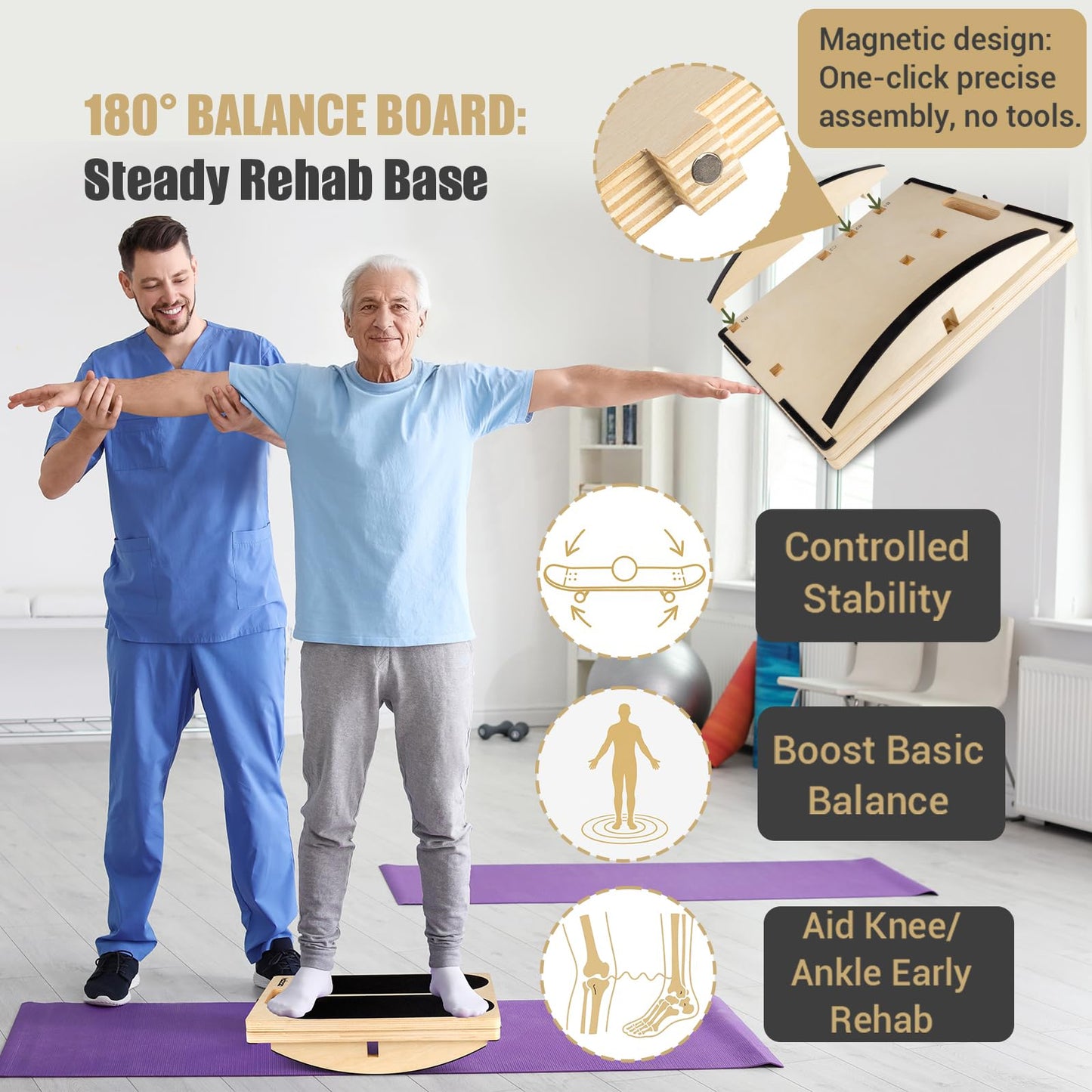3-in-1 Slant Board & 180°/360° Balance Board, Portable 6 Angle Adjustable Calf Stretcher with Training Poster, Anti-Slip 300LBS Wobble Board for Physical Therapy, Standing Desk & Core Strength