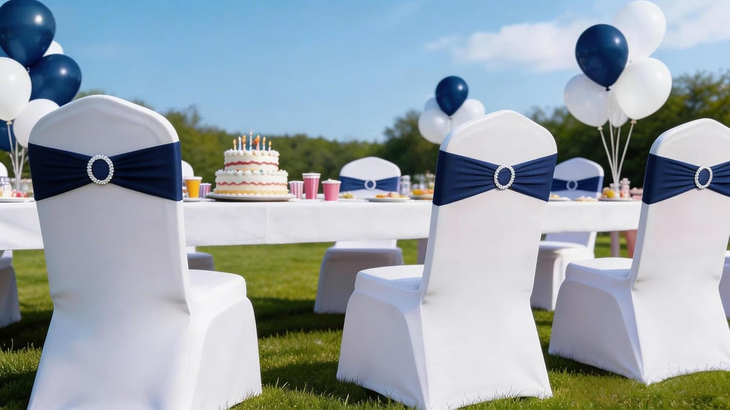 Skiennix Navy Blue Chair Sashes - 100 Pack Spandex Chair Bands with Buckles for Weddings & Events