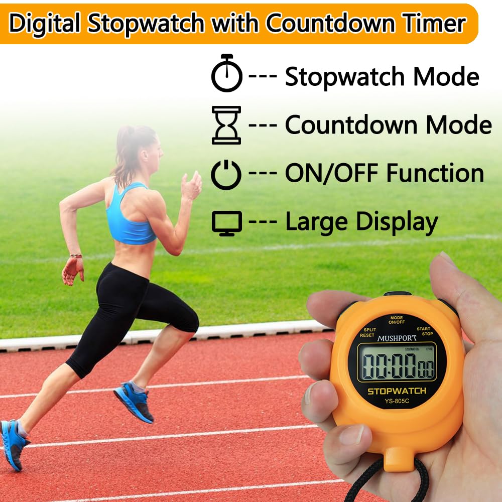 MUSHPORT 2 Pack Digital Stopwatch Sport Timer, ON/Off Countdown Large Display Simple Stop Watch for Sports Coaches PE-Teacher Referees, Orange
