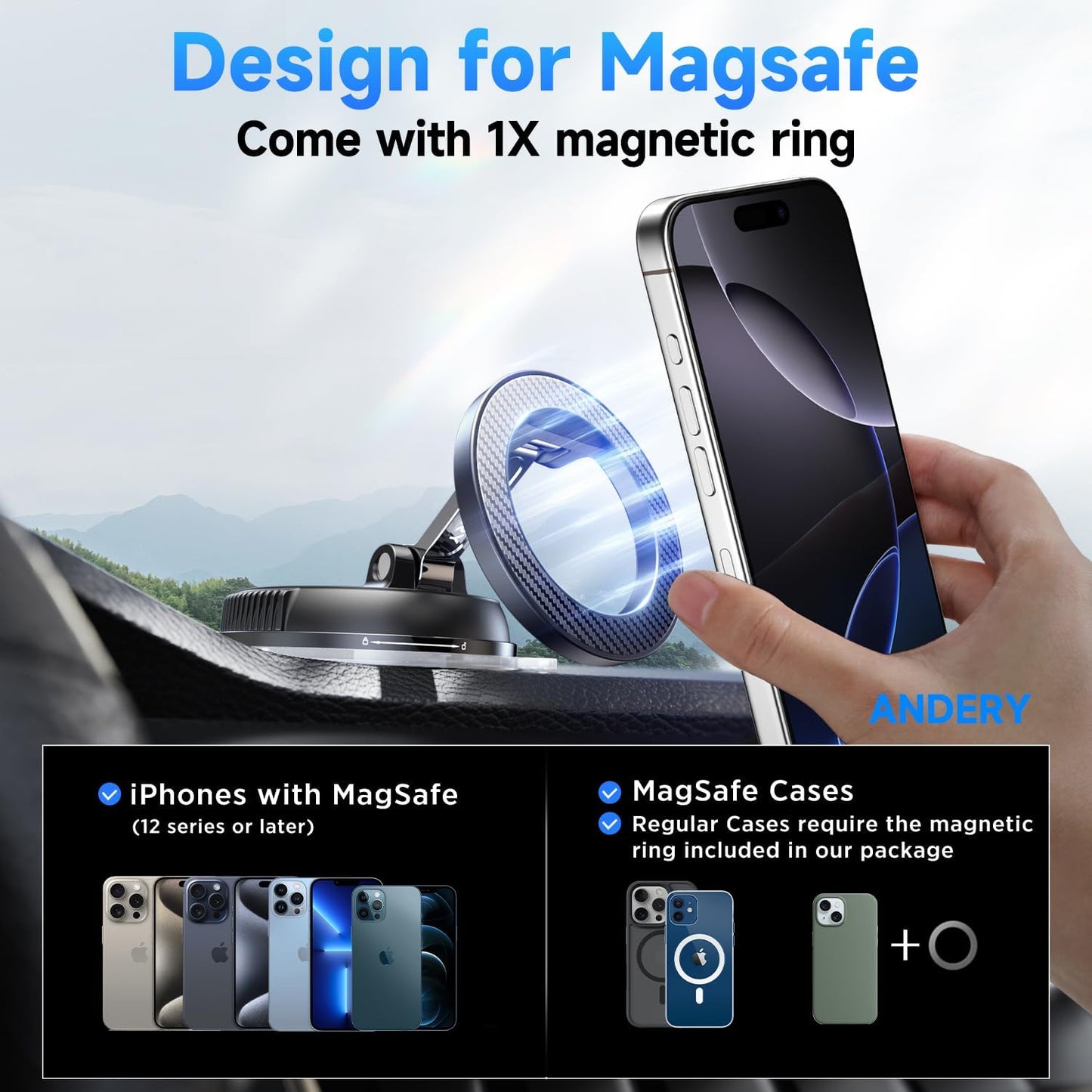 ANDERY [78+LBS 2400gf 360 17-12 Car Phone Holder for Magsafe Strongest Suction & Strongest Magnetic] Adjustable Car
