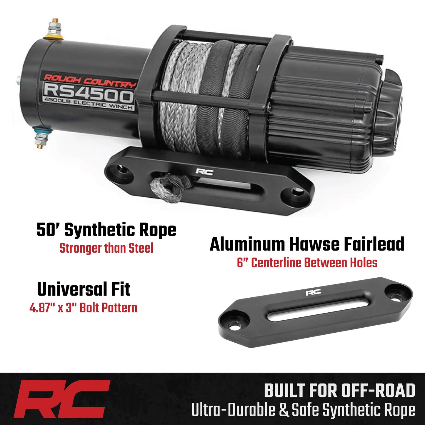 Rough Country 4,500 LB UTV/ATV Winch - ProSeries 1.4HP Electric Winch with 50 Ft Synthetic Rope, Remote, Waterproof 12V Off-Road Recovery System