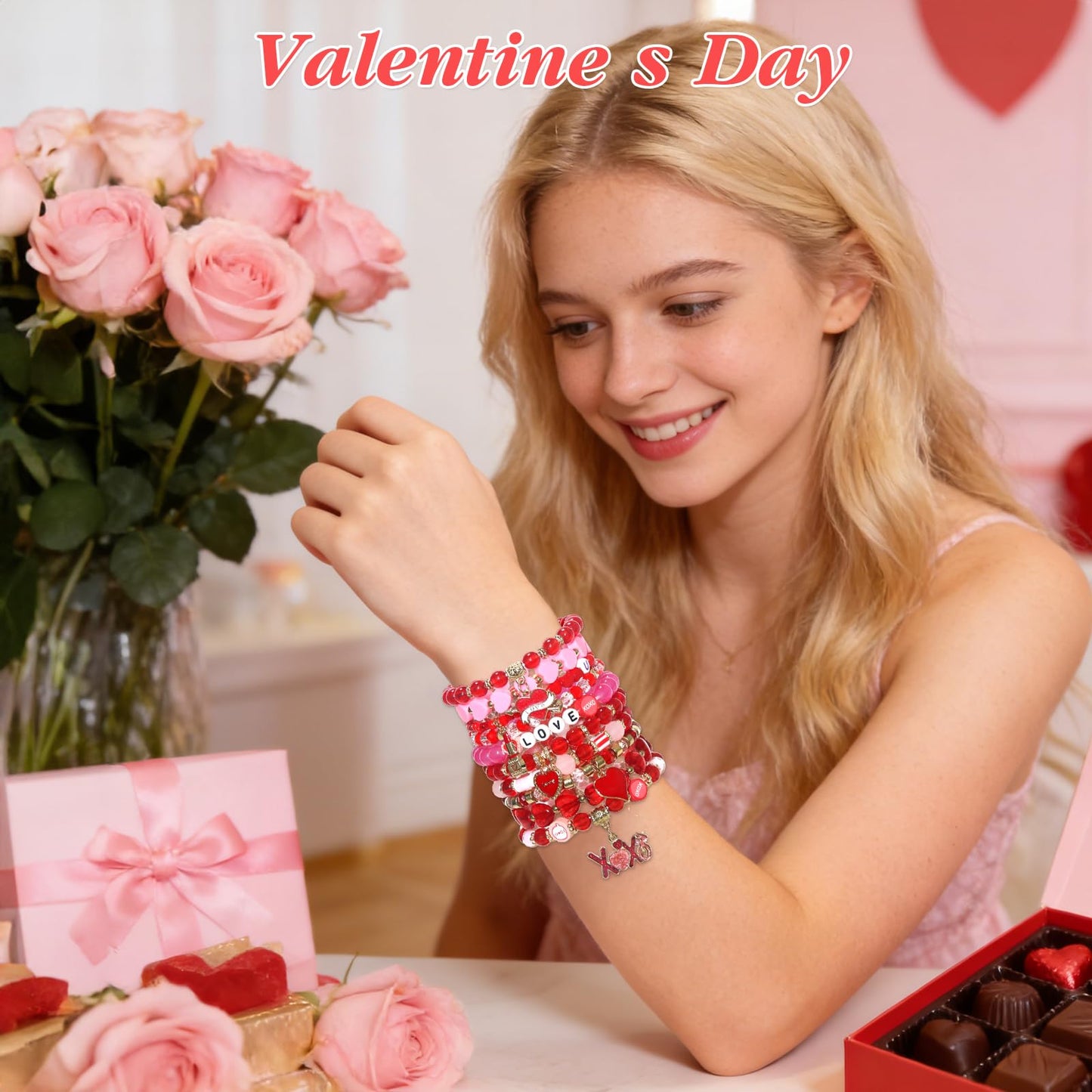 Tinrbip 40 Pcs Valentines Bracelets Kit, Clay Stretch Valentine Bracelets for Women, Cute Love Kiss Heart Friendship Bracelet, Stackable Valentines Day Bracelet Bulk, Valentine's Day Jewelry
