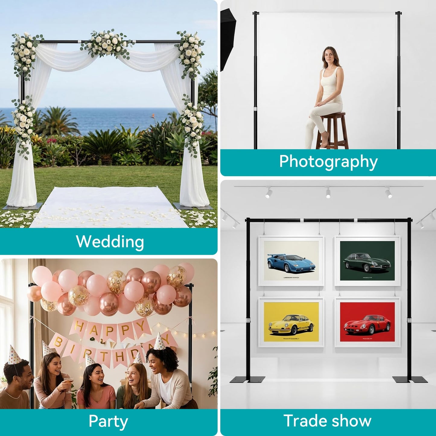 Fotoumgl 10x10ft Pipe and Drape Stand Kit, Adjustable Heavy Duty Backdrop Stand with Metal Steel Flat Base, Large Extendable Sturdy Photo Background Stand Frame for Wedding Parties Banner Photography