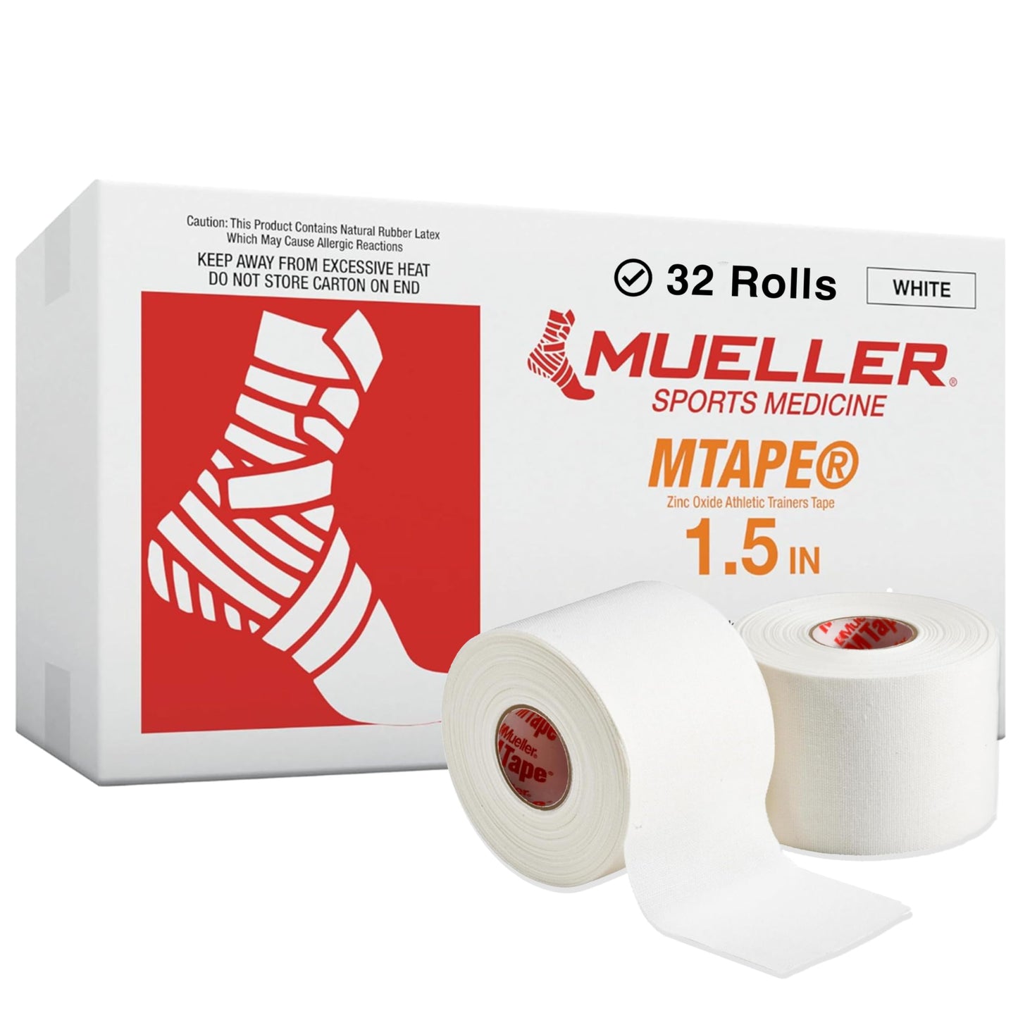 Mueller M-Tape 1 1/2" x 15 Yards, White, 32 Rolls Per Case