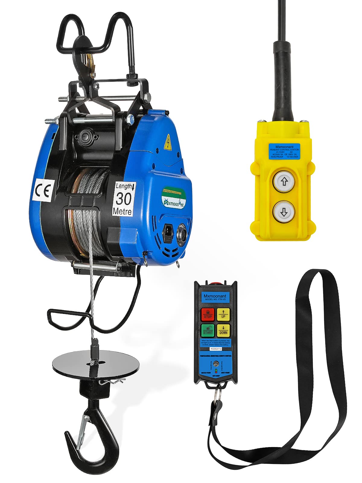 Mxmoonant 1100lb Electric Hoist Lift 12m/min Electric Winch Portable 360° Safety Limit, Al-Alloy Cased Hoist Crane with Updated Copper Motor, Pendant Control & Wireless Control Support (500kg/30m)