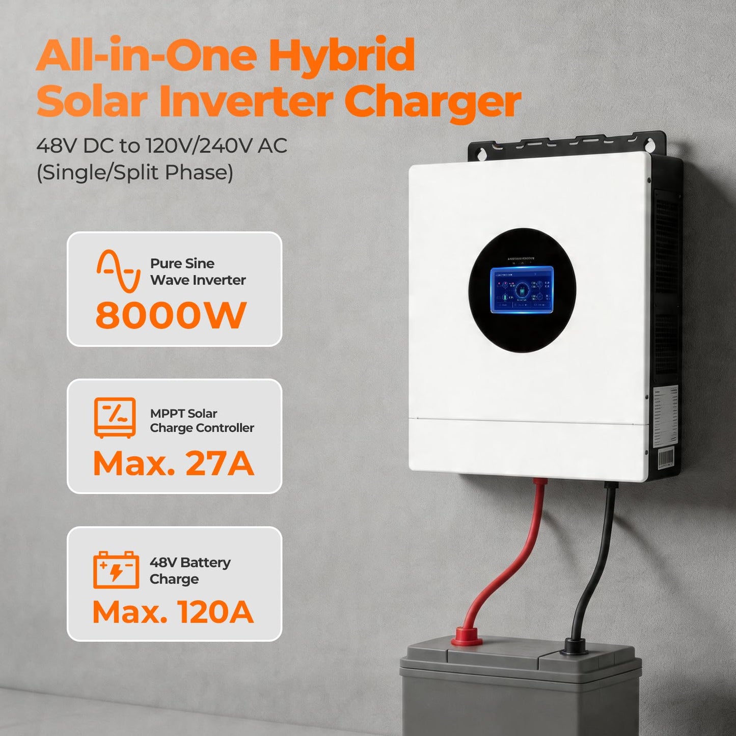 AuraSolar 8000W Hybrid Solar Inverter 48V DC to 120V/240V AC Split Phase, Pure Sine Wave Inverter Built-in MPPT 120A Charge Controller, Power Converter for Home Backup Off Grid Solar System