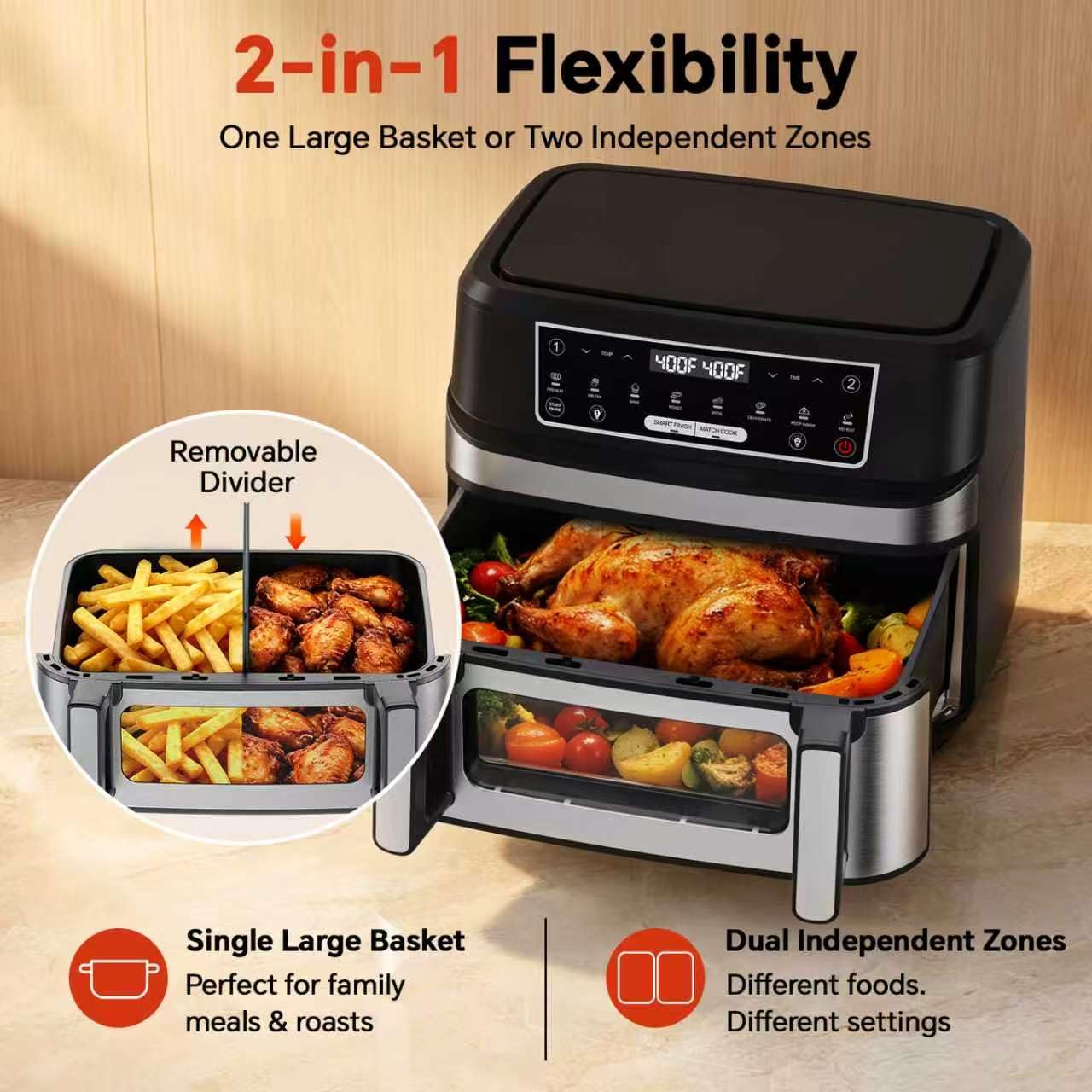 Emphsism 1600W Dual Zone Air Fryer Oven,12.69QT with Divider,Nonstick & Dishwasher-Safe Basket,Match Cook & Smart Finish to Roast,Recipes for Easy Cooking,Digital Touchscreen,Metal Sliver