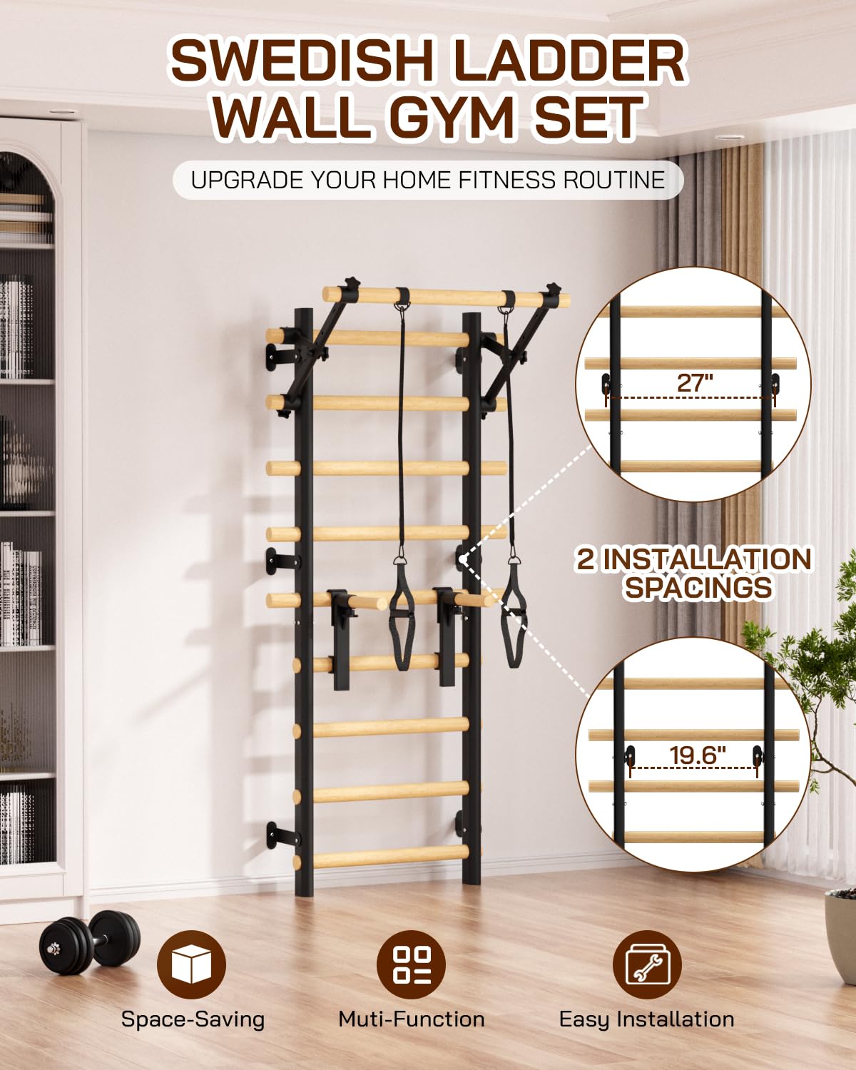 Cofiyard Swedish Ladder Wall Gym, Wooden Wall-Mounted Stall Bars with Pull-up Bar & Exercise Straps & Dip Bars, Stretching Ladder Full Body Home Gym Adults New
