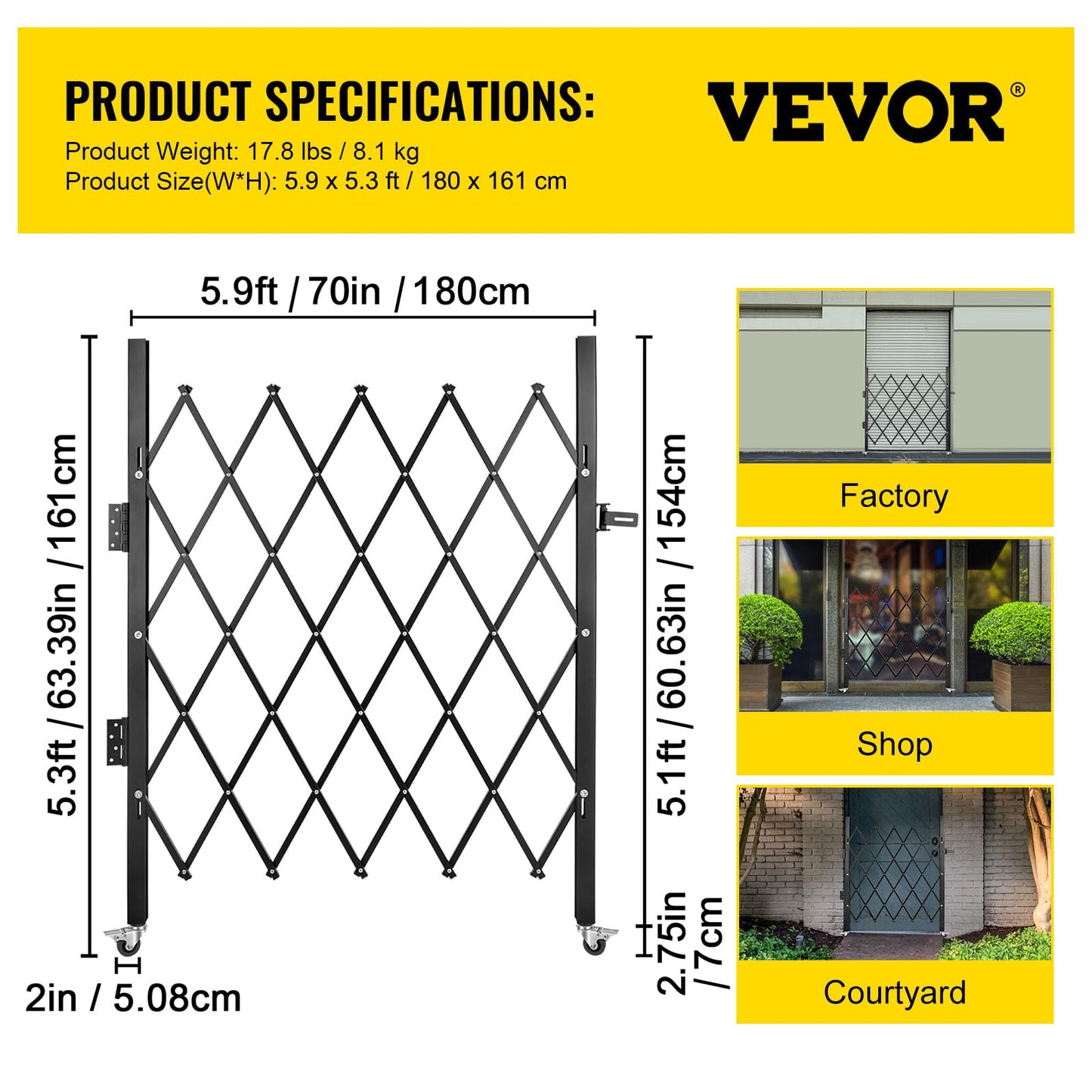 VEVOR Single Folding Security Gate, 61" H x 71" W Folding Door Gate, Steel Accordion Security Gate, Flexible Expanding Security Gate, 360° Rolling Barricade Gate, Scissor Gate/Door with Padlock