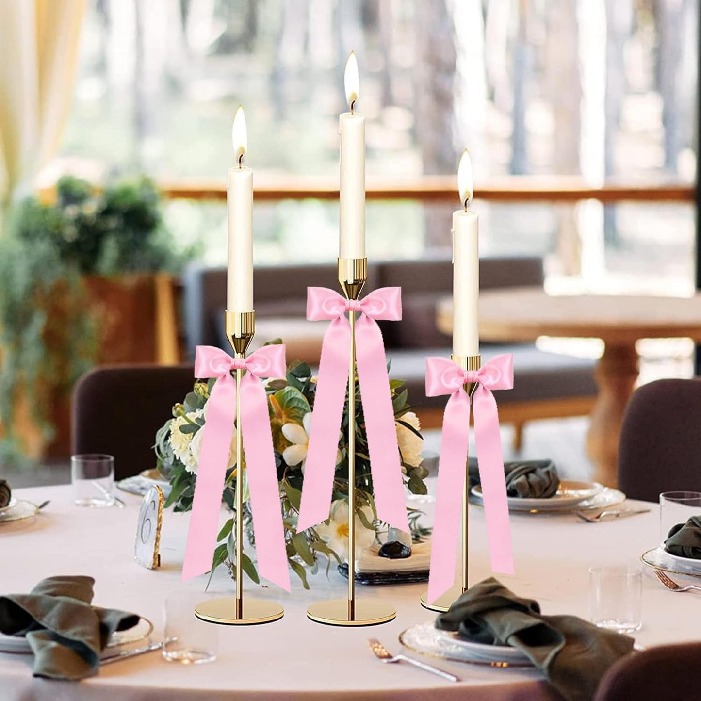 Skiennix 24-Piece Large Pink Candlestick Decoration Bows - Self-Adhesive Gift Wrapping Bows | 13 Inches for Weddings & Parties