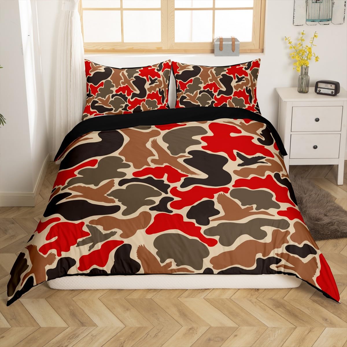 Feelyou Duck Hunter Red Camouflage Hunting Bedding Set King Kids Black Brown Comforter Cover Set for Boys Camo Army Duvet Cover Breathable Wild Bedspread Cover Room Decor Quilt Cover,No Comforter