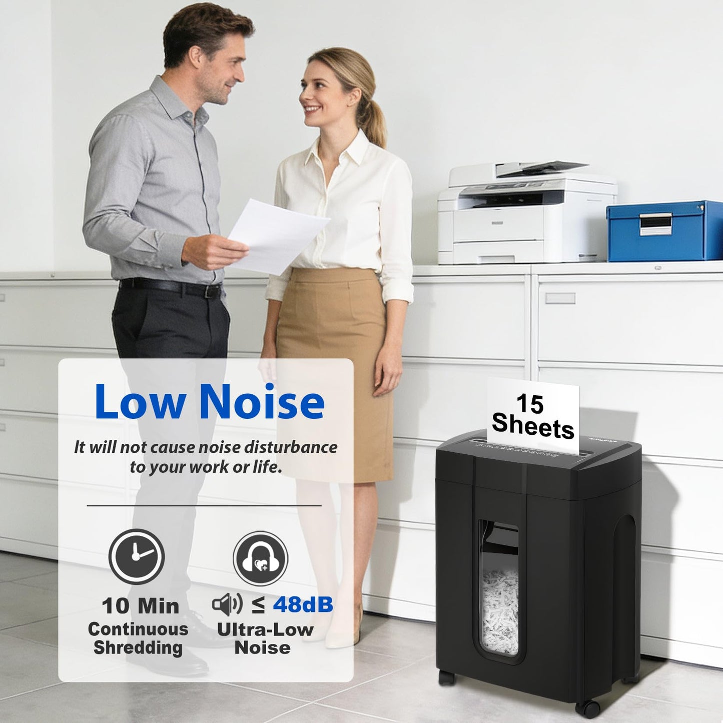 Low Noise 48dB Paper Shredder for Home, 15-Sheet Cross Cut, CD/Credit Card Office Shredder, 4.7 Gallons Wastebasket, P-4 High Security, Black