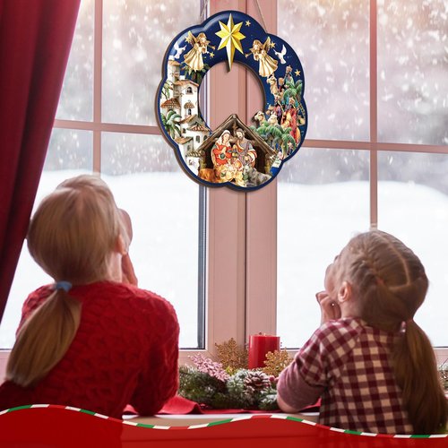 Holy Family Wreath Decorations Christmas Front Door Wreaths Sign Wooden Nativity Scene Christmas Wreath Religious Door Decoration for Window Xmas Home Wall Decor(Holy Family)