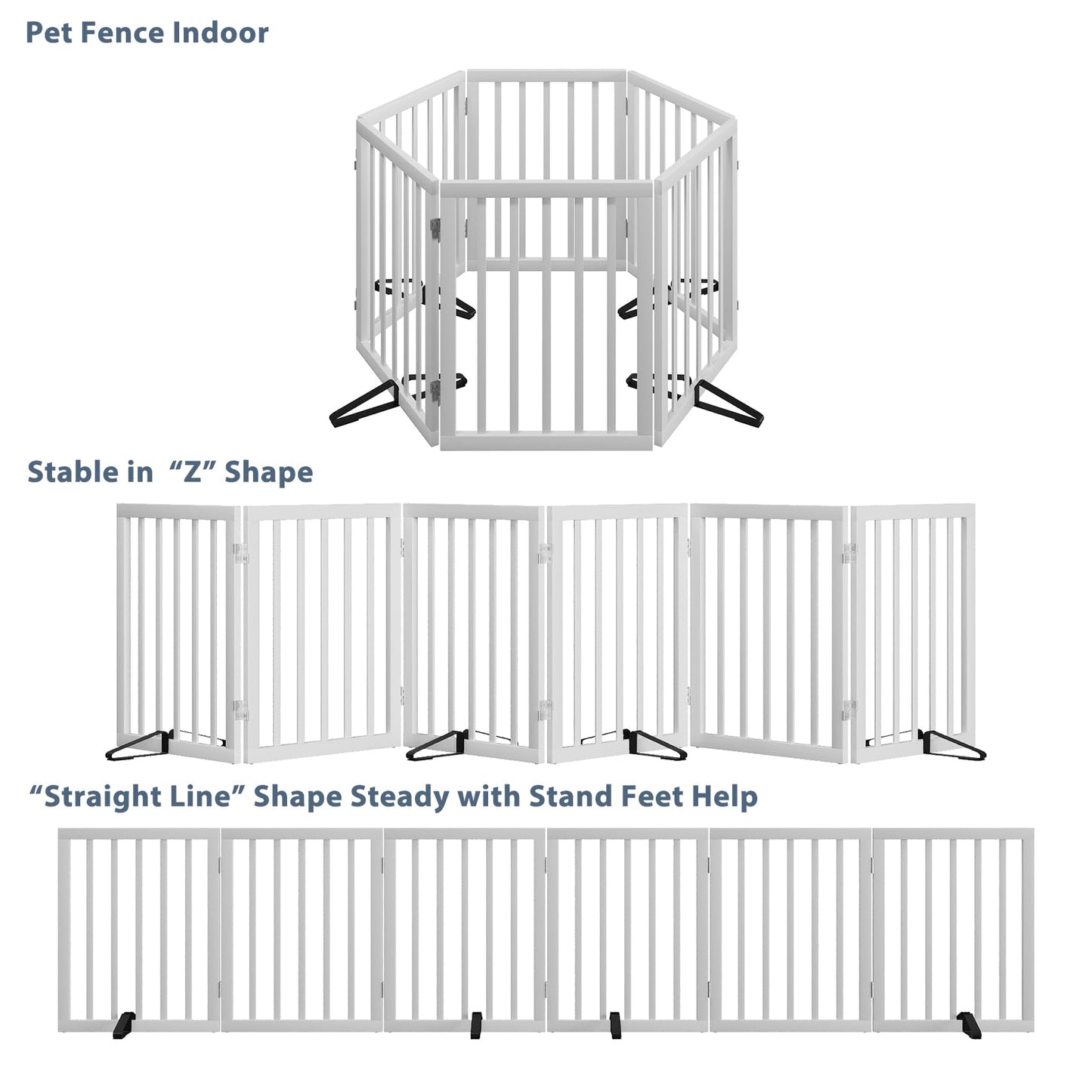 Dog Gates for Doorways Extra Wide 110inches (9ft), Wooden Freestanding Pet Gates for Dogs with 4 Support Stands, Foldable Gates for Dogs Indoor