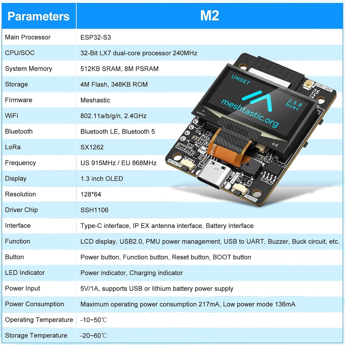 Meshnology M2 1000mAh SX1262 ESP32-S3 1.3" 915MHz Communication ThinkNode LoRa Development Board + Battery, Meshtastic