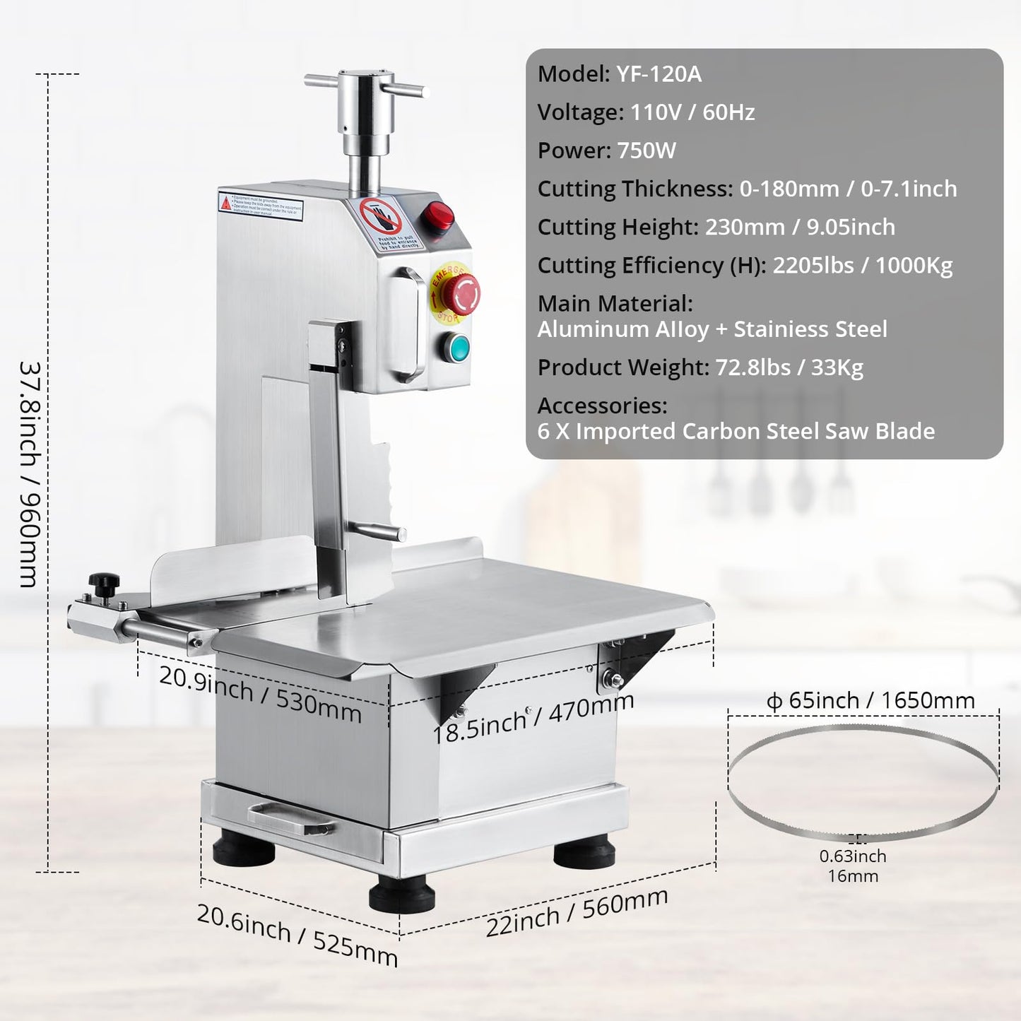 850w Commercial Electric Meat Bandsaw, Stainless Steel Countertop Bone Sawing Machine with 19.1 x 14.2 In Workbench, 4 Inch Max Cutting Thickness Frozen Meat Cutter for Rib Pork Beef
