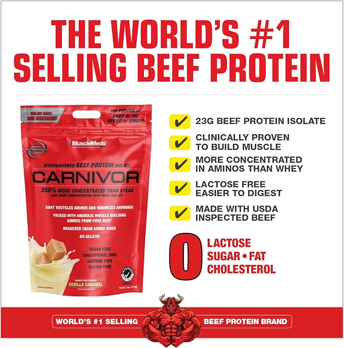 MuscleMeds Carnivor Beef Protein Isolate, 0 Lactose, 0 Sugar, 0 Fat, 0 Cholesterol, Halal Certified, Vanilla Caramel, 7 Lb, 100 Servings