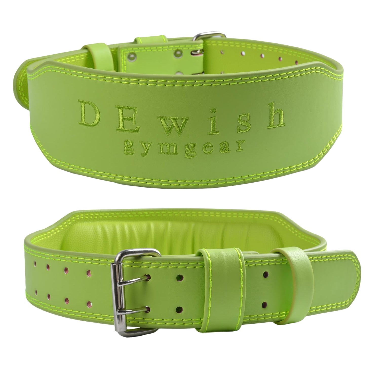 Leather Weightlifting Belt, 10 Adjustable Holes, 4”Width, Double Prong Power Belt for Gym Bodybuilding, weightlifting, powerlifting, squats and deadlifts (Neon Green, XS (23"-27"))