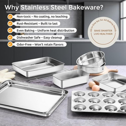 E-far 9-Piece Stainless Steel Baking Pan Set - Versatile Bakeware for Cakes, Cookies & Muffins | Dishwasher Safe