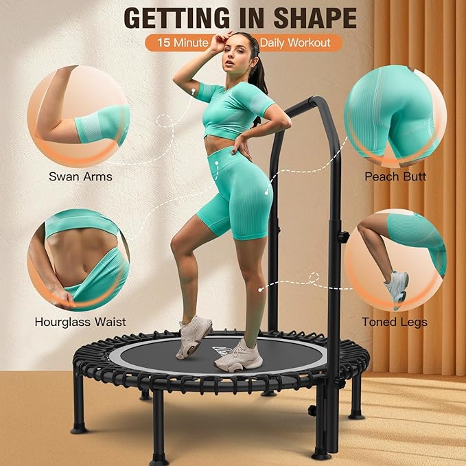 ANCHEER 40" Foldable Mini Trampoline,Max Load 450lbs/550lbs Indoor Trampoline,with 4 Level Adjustable Foam Handle and Resistance Bands,Adult Exercise Trampoline for Home, Garden, and Gym