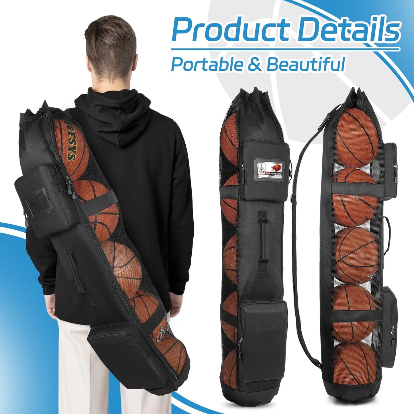 Skureay Basketball Bag for Team Balls, Heavy Duty Basketball Coashes Bag for 5 Basket Balls - Mesh Bags for Coaching/Adjustable Shoulder Straps/Volleyball Accessories