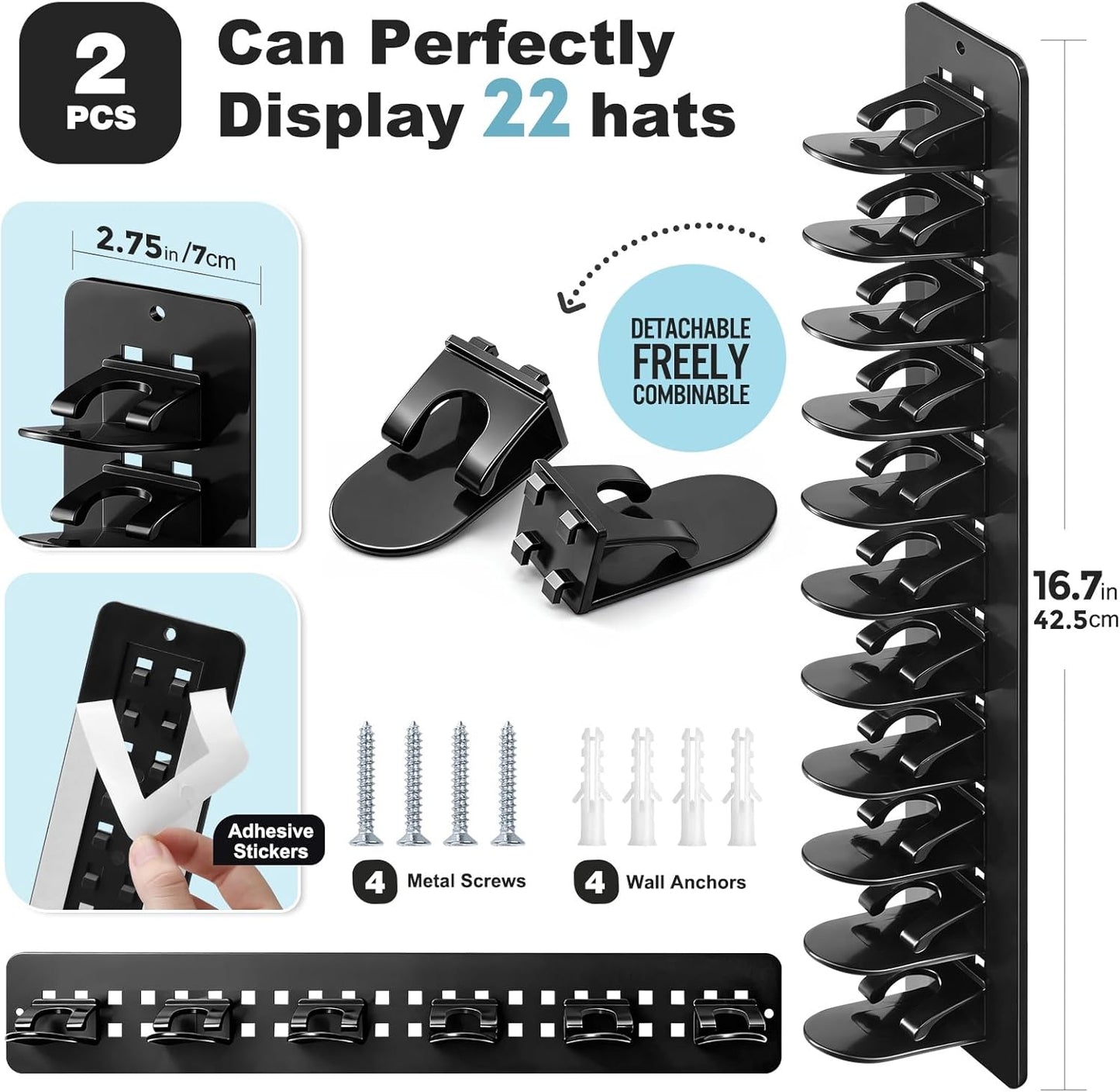 Skiennix Hat Organizer - 2 Pack Detachable DIY Rack for Up to 22 Baseball Caps | Black Wall Holder