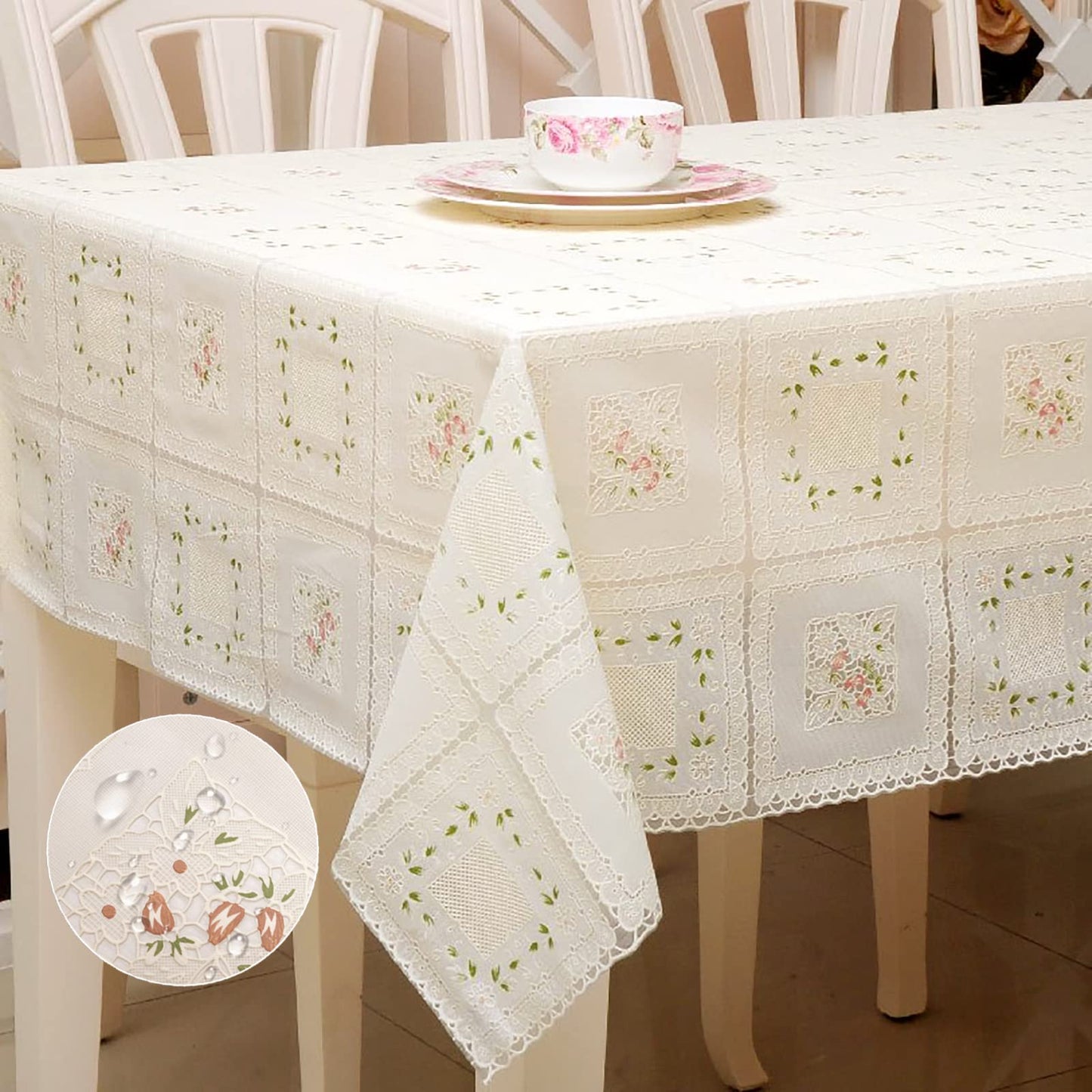 iSamzan Waterproof OilProof Vinyl Table Cover, Plastic Lace Tablecloth for Rectangle Table, Textured Home Decor for Parties, Dining, Kitchen, Outdoor