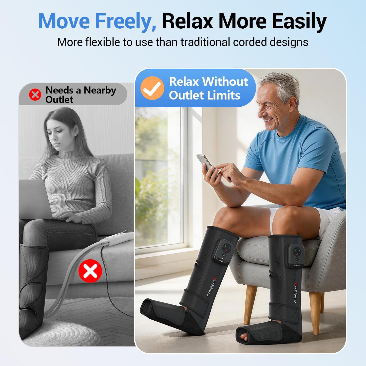 Comfytemp Cordless Air Compression Leg Massager for Circulation and Pain Relief, Portable Foot and Calf Compression Boots for Plantar Fasciitis, Varicose Veins, Ideal for Mom Dad (Fit Calf 13"~19")
