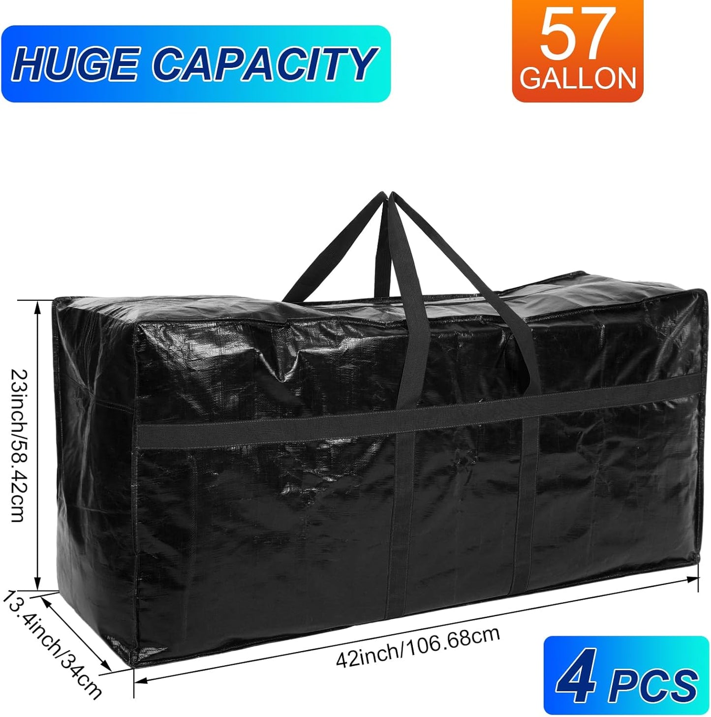 Windyun 57 Gallon Extra Large Heavy Duty Moving Bags - Jumbo Tote with Strong Zipper Handle | Black 4 Pack
