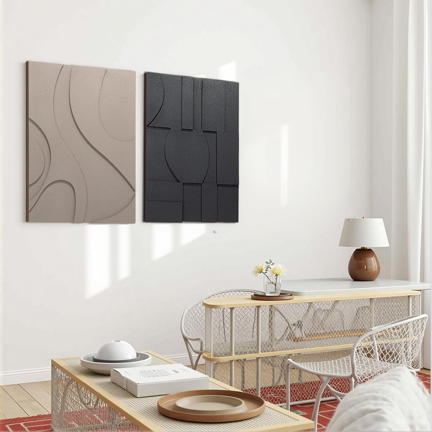 OIUYTOH 3D Textured Abstract Wall Art - Modern Black & Beige Geometric Design | 24x36 Inch Decor for Living Room, Dining Room, Bedroom, Office
