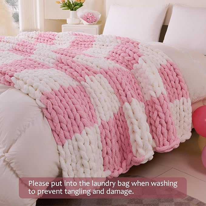 Admitrack Chunky Knit Blanket Throw 51"x63", 100% Hand Knit Chenille Throw Blanket for Sofa & Home Decor, Soft and Cozy Knitted Throw Blankets (Pink Checkered，51"x63")