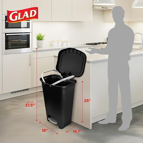 Glad 13 Gallon Trash Can - Hands-Free Plastic Kitchen Waste Bin with Odor Protection | Black