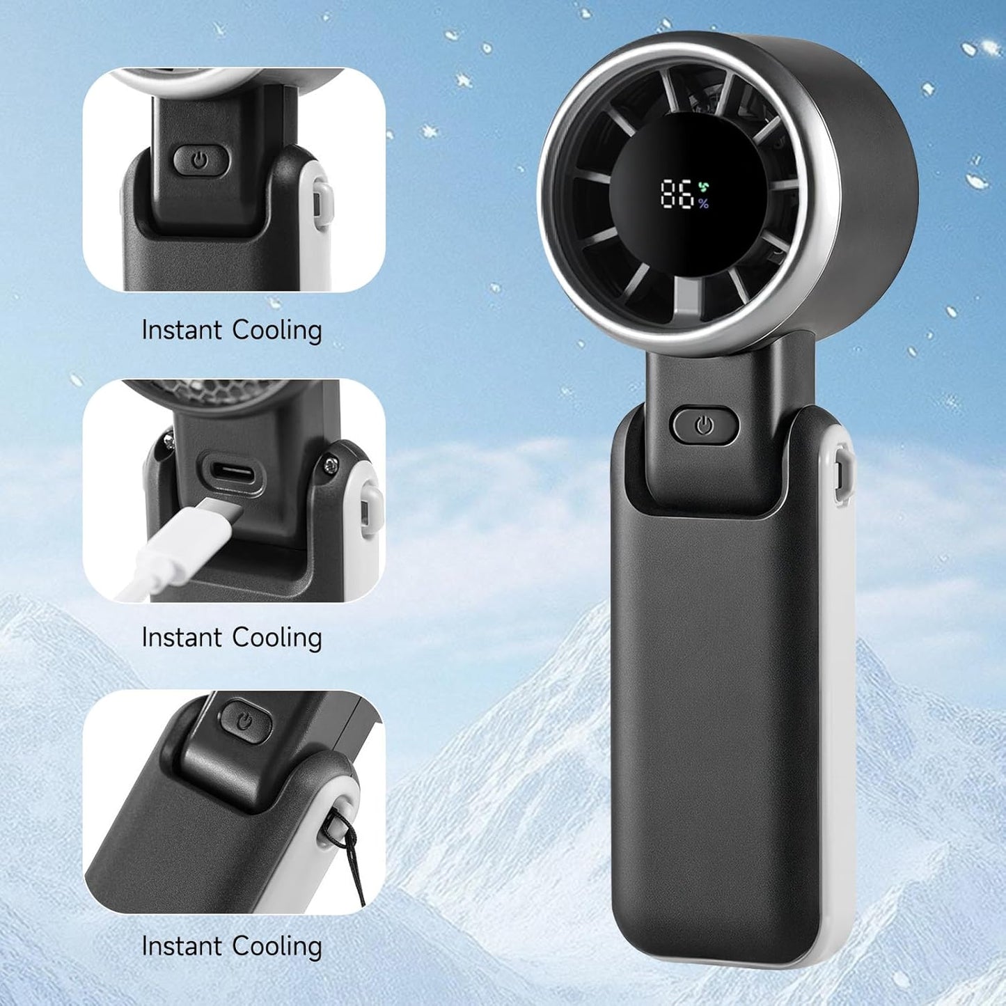 Skiennix Portable Handheld Turbo Fan - 180° Folding Design, 5 Adjustable Speeds, USB Rechargeable | Ideal for Travel & Summer (Black)
