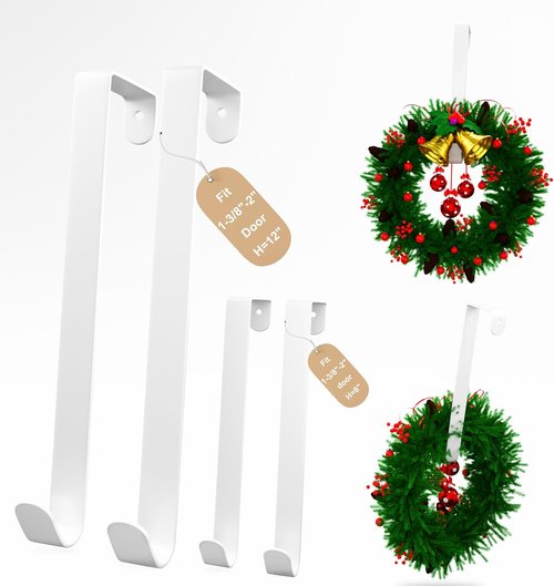 4 Pack Wreath Hangers - Heavy Duty Over The Door Hooks for Towels, Coats & Bags | No Drill, 8"-12" Size
