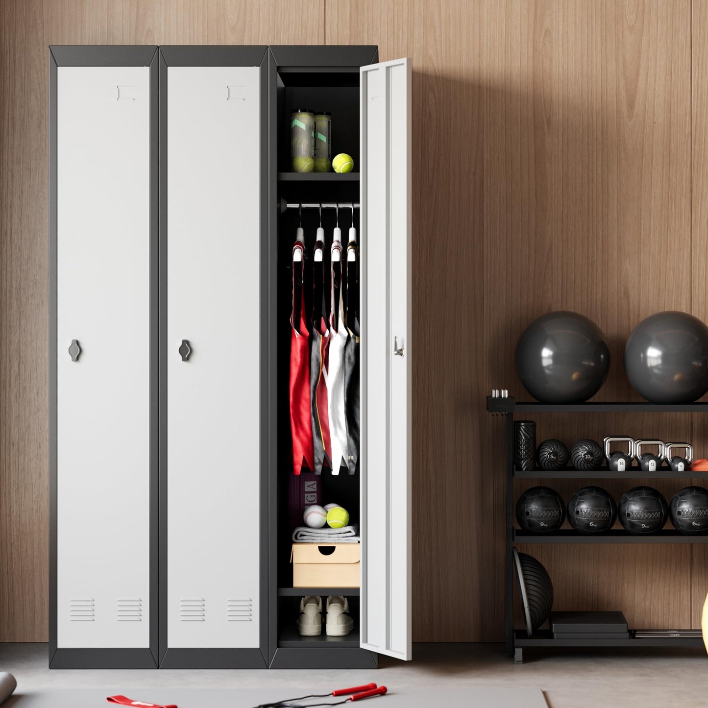 Metal Storage Locker with Doors, Lockers Featuring Shelves, Ideal for Employees and Students, Suitable for Schools, Garages, Offices, Gyms, Homes, and Warehouses, Requires Assembly, Grey and Black