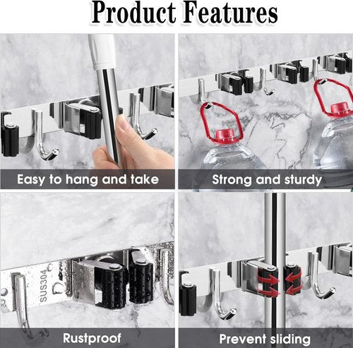 AceMining Wall-Mounted Broom and Mop Holder - 3 Pack with 5 Racks & 4 Heavy-Duty Hooks | Stainless Steel