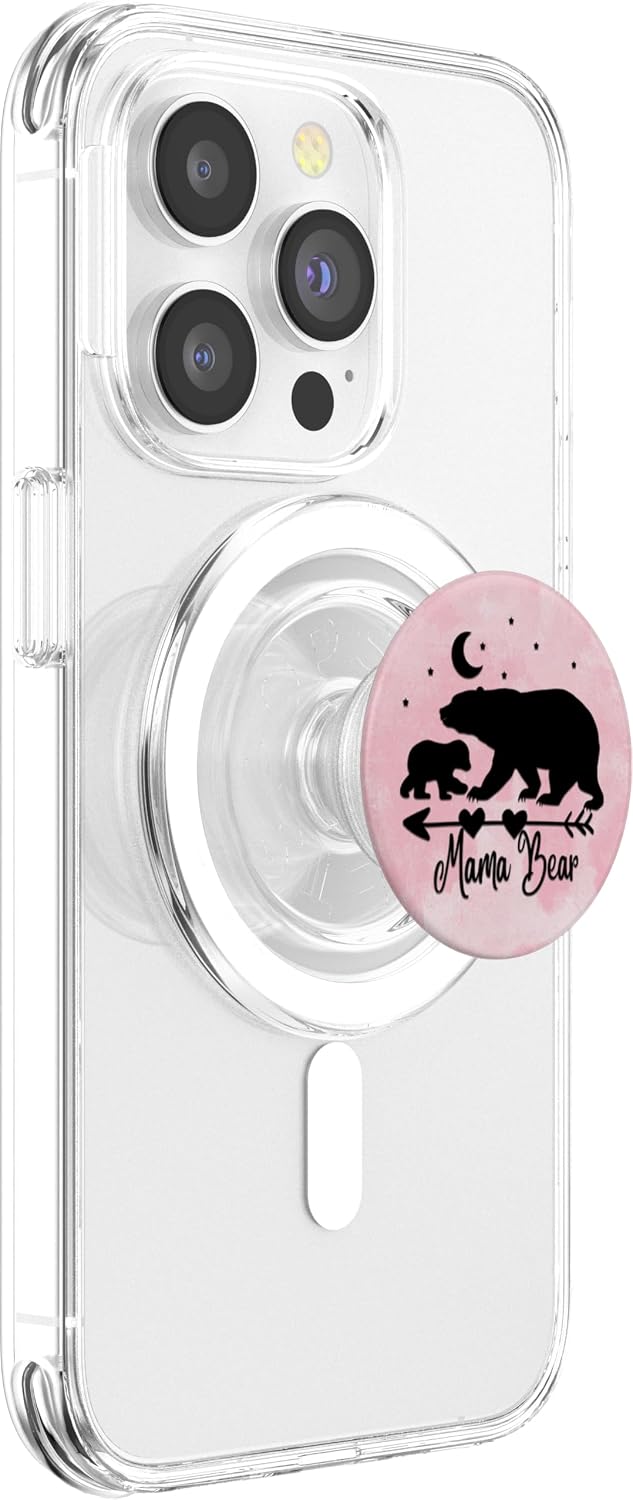 ASBBears Black Mama Bear and One Cub On Pink Watercolor PopSockets PopGrip for MagSafe