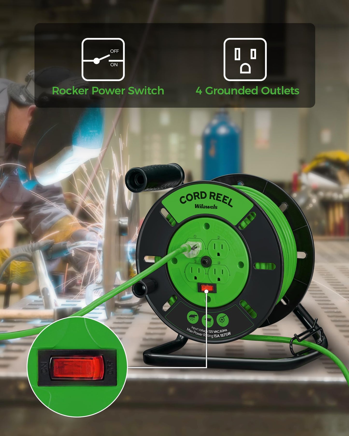 WILAWELS Extension Cord Storage Reel with 4-Grounded Outlets and 80 FT Retractable Extension Cord Reel Bundle, for Indoor Outdoor Use J95CR06-U80ACR06