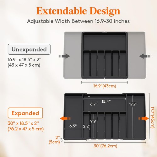 Lifewit Silverware Drawer Organizer, Expandable Utensil Tray for Kitchen, BPA Free Flatware and Cutlery Holder, Adjustable Plastic Storage for Spoons Forks Knives, 17- 30 x 18.5", Black