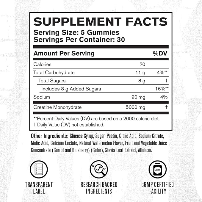 Jacked Factory Creatine Monohydrate Gummies 150g - 5g Daily Creatine Supplement for Men and Women, Vegan-Friendly, Third-Party Tested - 30 Servings, Watermelon