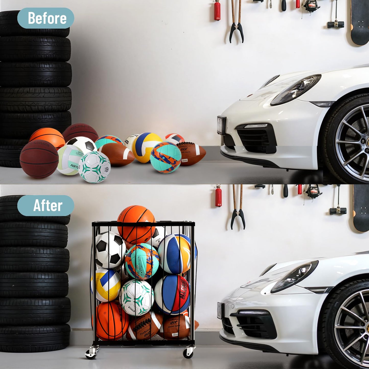 TomCare Garage Ball Rolling Storage Rack Large Capacity Basketball Holder with Elastic Rope [Hold 12-15 Balls][Easy to Take] Garage Sports Equipment Organizer cart with Wheels for Home, Outdoor Use