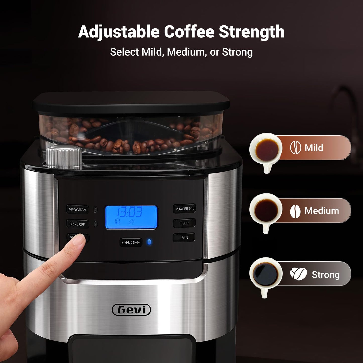 Gevi 10-Cup Drip Coffee Maker with Built-in Burr Grinder & Programmable Timer, 1.5L Water Tank, Auto Keep-Warm, Reusable Filter - Fresh Ground Coffee Machine (Black)